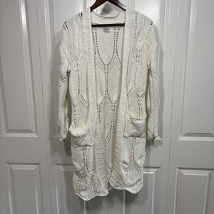 Freshman 1996 Cardigan Womens M White Chunky Knit Long Open Front Boho Cozy